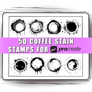 May include: A digital tablet screen displaying 50 black and white coffee stain stamps for Procreate. The stamps are arranged in a grid pattern and are various sizes and shapes.
