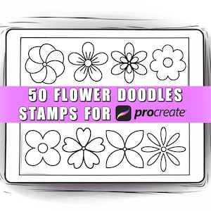 May include: A set of 50 black and white flower doodle stamps for Procreate. The stamps are arranged in a grid and feature a variety of flower designs.
