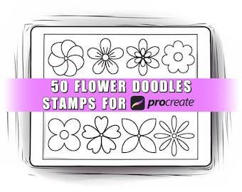 May include: A set of 50 black and white flower doodle stamps for Procreate. The stamps are arranged in a grid and feature a variety of flower designs.