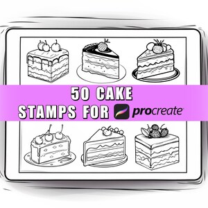 May include: A digital illustration of 50 cake stamps for Procreate. The image shows six different cake designs with various toppings, including cherries, berries, and frosting.