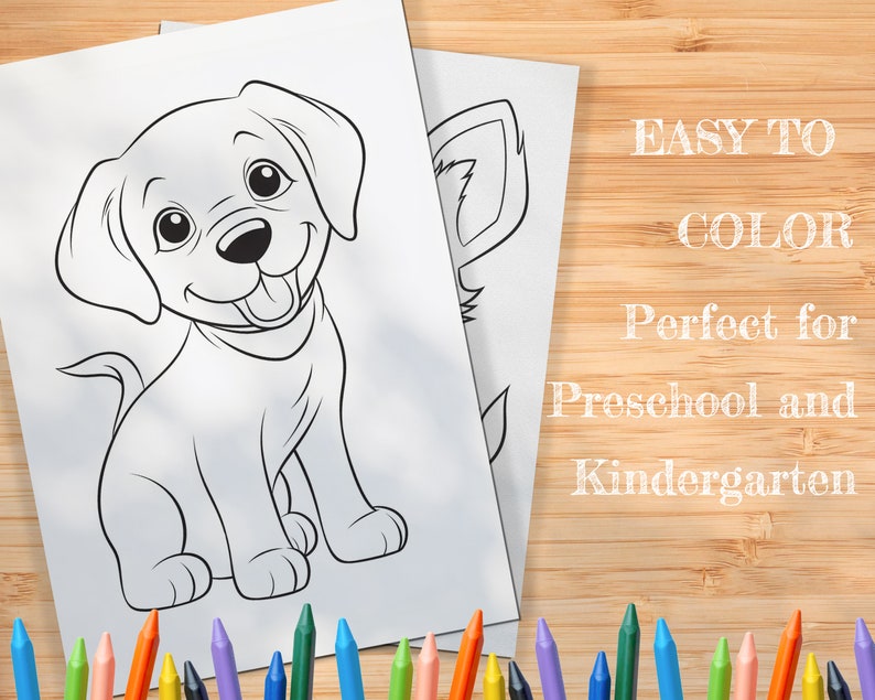 May include: A black and white line drawing of a happy puppy sitting with its tongue sticking out. The image is on a white sheet of paper with the text "EASY TO COLOR" and "Perfect for Preschool and Kindergarten" written in white on a wood background.