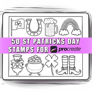May include: A set of 50 black and white St. Patrick's Day stamps for Procreate. The stamps include a shamrock, a pot of gold, a leprechaun, a horseshoe, a beer mug, a rainbow, and boots.