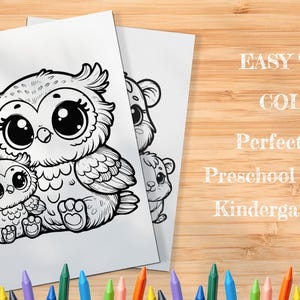May include: Black and white line art coloring page featuring two owls. The larger owl has big eyes and is sitting with its wings spread out. The smaller owl is sitting in front of the larger owl.  Easy to color. Perfect for preschool and kindergarten.