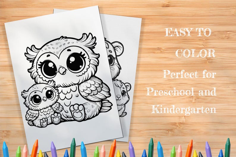 May include: Black and white line art coloring page featuring two owls. The larger owl has big eyes and is sitting with its wings spread out. The smaller owl is sitting in front of the larger owl.  Easy to color. Perfect for preschool and kindergarten.
