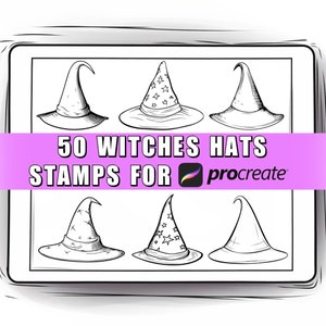 May include: A digital illustration of 50 witch hats for Procreate. The hats are drawn in black and white and are in various styles.