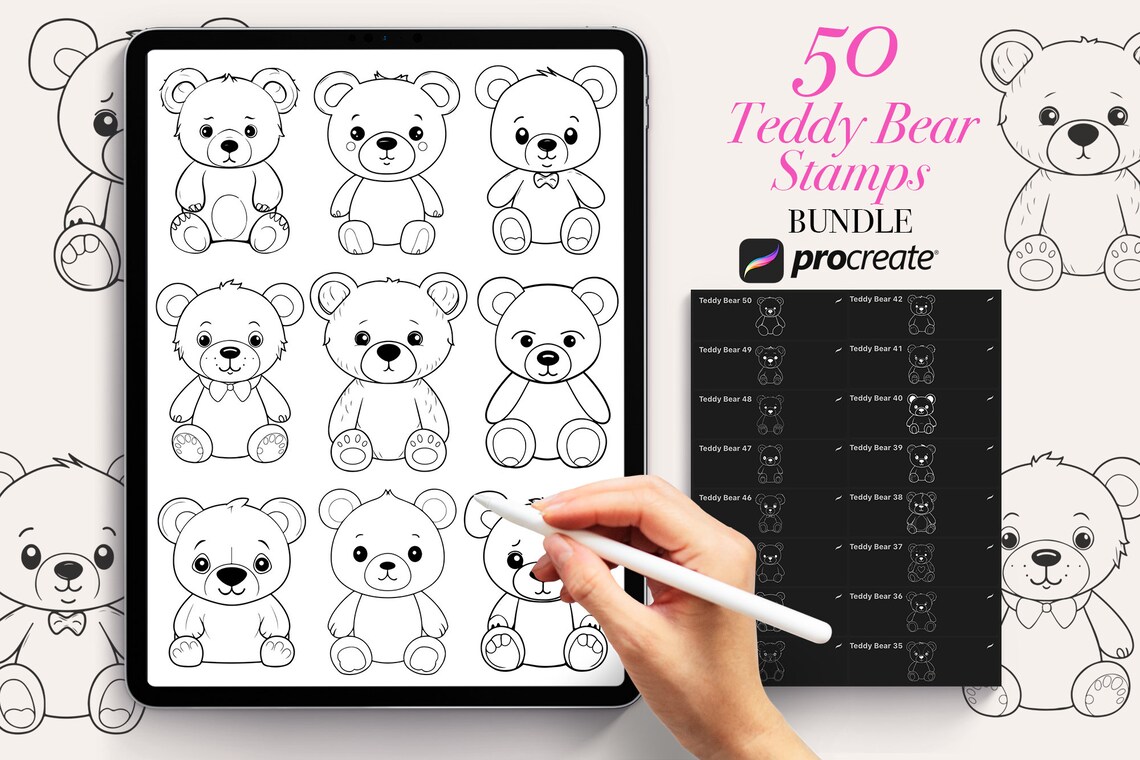 50 Teddy Bear Procreate Stamps Brushes | Procreate Bear | Bear Stamps ...