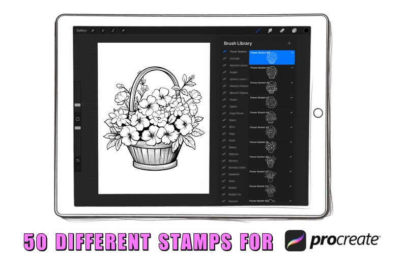 50 Flower Basket Procreate Stamps: Botanical Floral Brush Set (digital ...