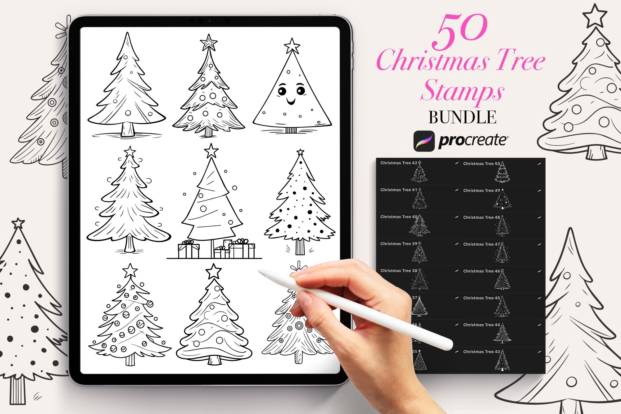 50 Christmas Tree Procreate Stamps Brushes | Christmas Tree Stamp ...