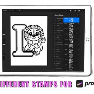 May include: A digital illustration of a lion with the letter L in a black and white color scheme. The image is displayed on a tablet screen with a list of 50 different stamps for Procreate.