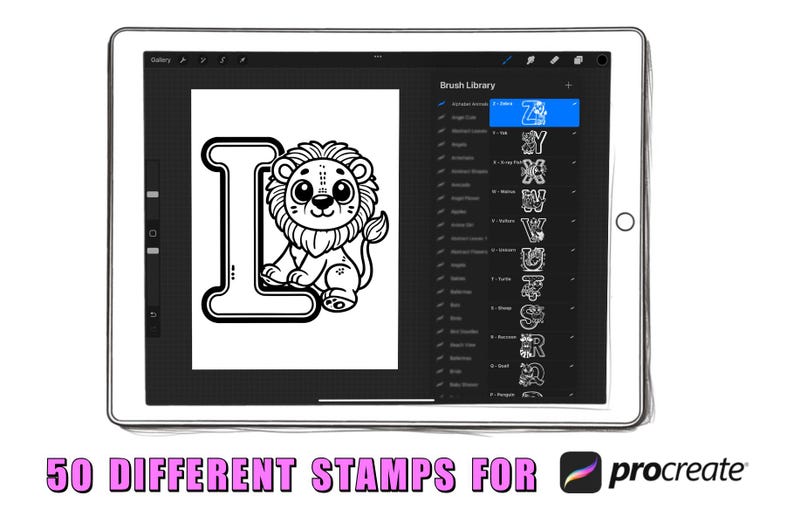 May include: A digital illustration of a lion with the letter L in a black and white color scheme. The image is displayed on a tablet screen with a list of 50 different stamps for Procreate.