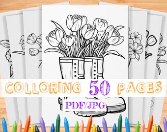 花柄レインブーツのぬり絵：春の50デザイン（PDF/JPG）