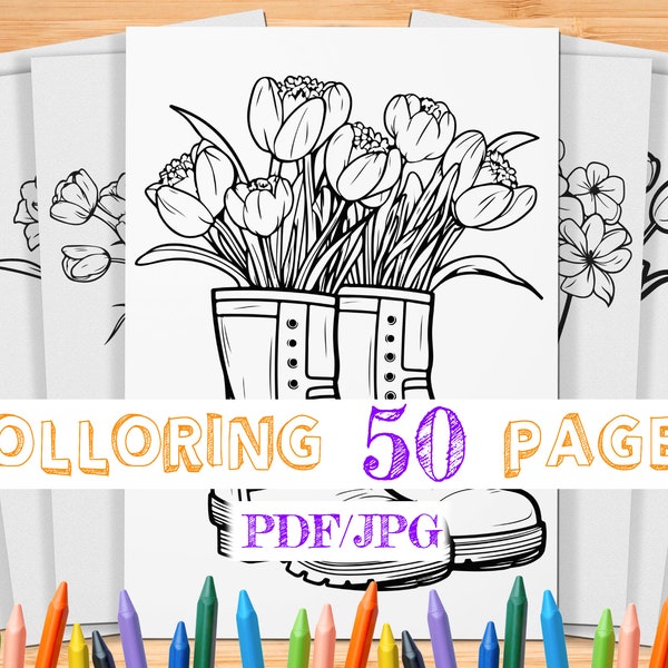 50 Flower Rain Boots Coloring Pages | Flower Coloring Pages | Spring Coloring Page | Coloring Book | Digital Coloring Page | Flower | Spring