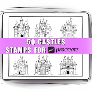 Puede incluir: Una ilustración digital de 50 sellos de castillo en blanco y negro para Procreate. La imagen muestra seis diseños de castillo diferentes.