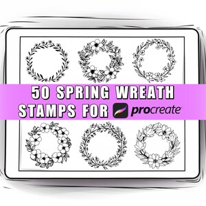 May include: A digital illustration of 50 black and white spring wreath stamps for Procreate. The wreaths are made of leaves and flowers.