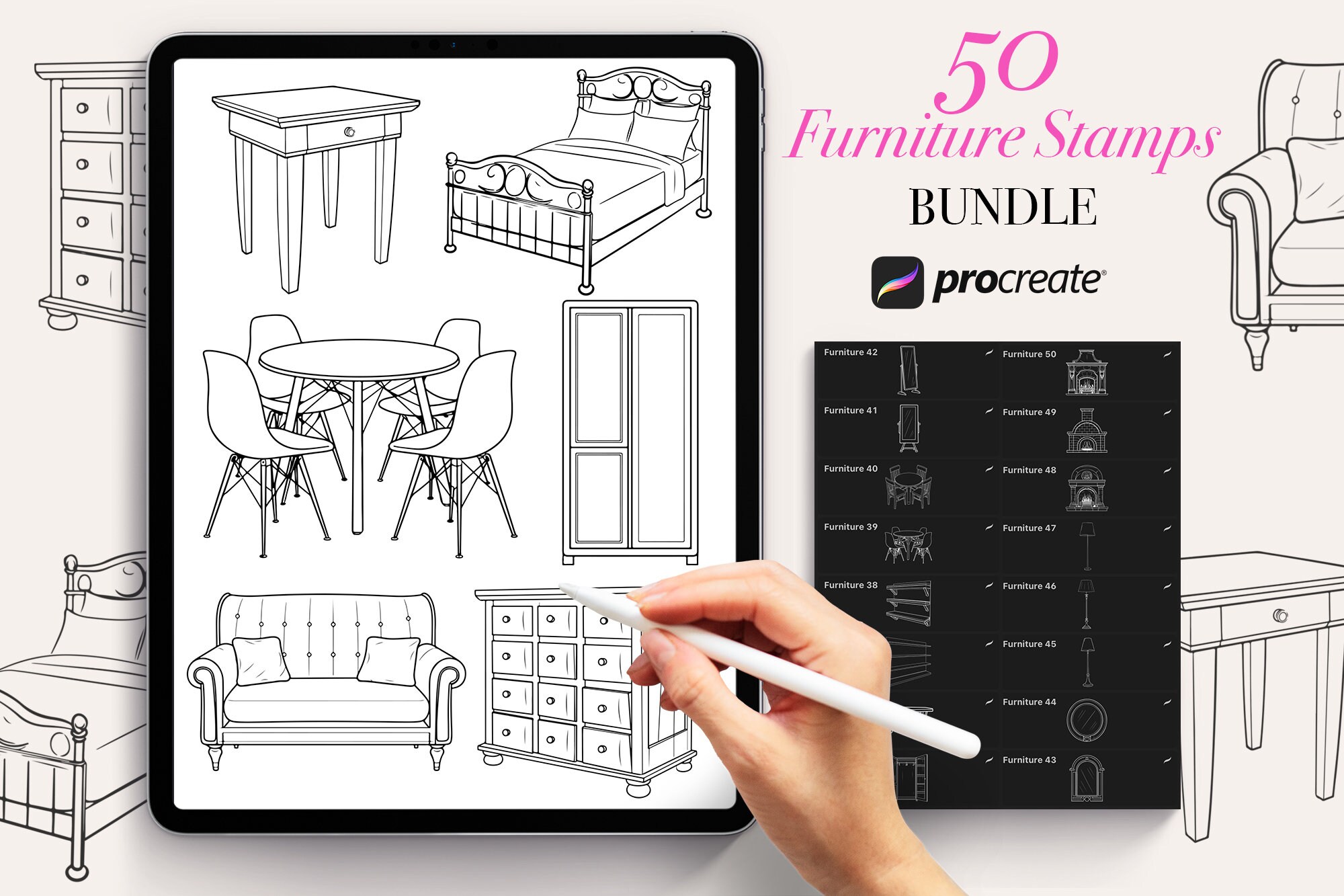 50 Furniture Procreate Stamps Brushes Procreate Furniture - Etsy