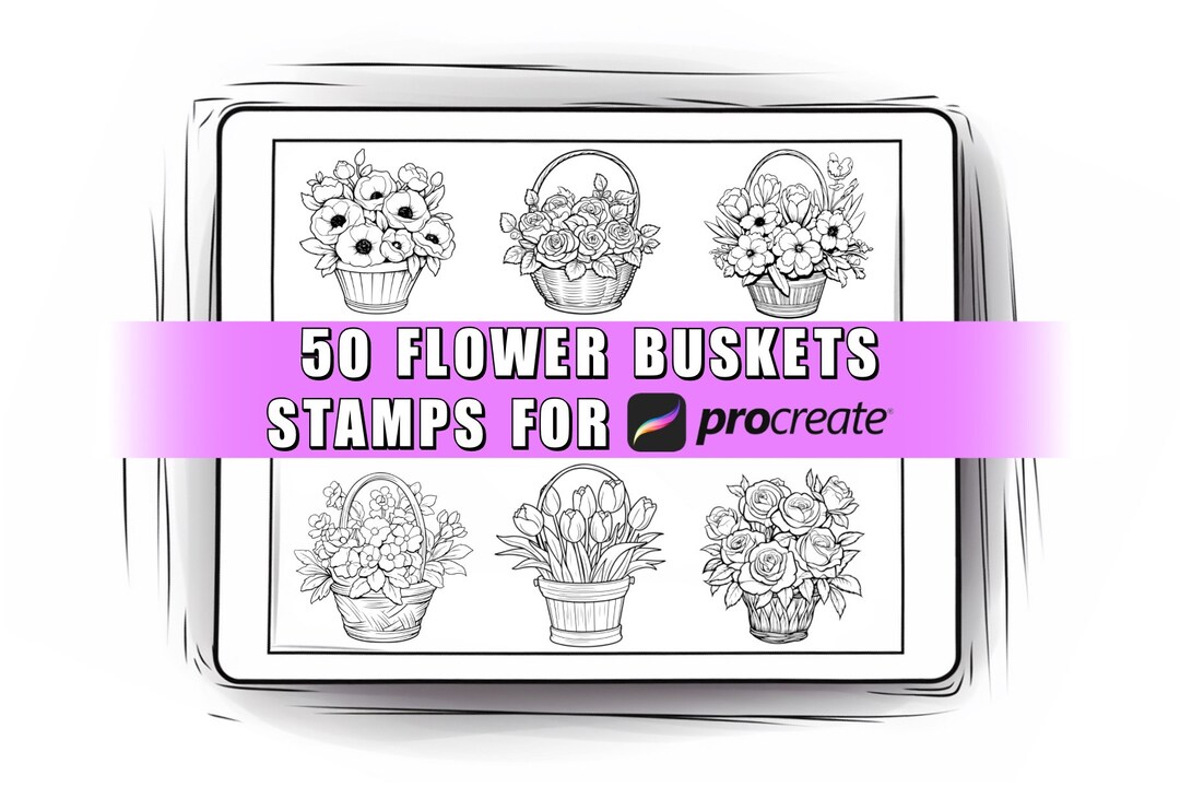 50 Flower Basket Procreate Stamps: Botanical Floral Brush Set (digital ...