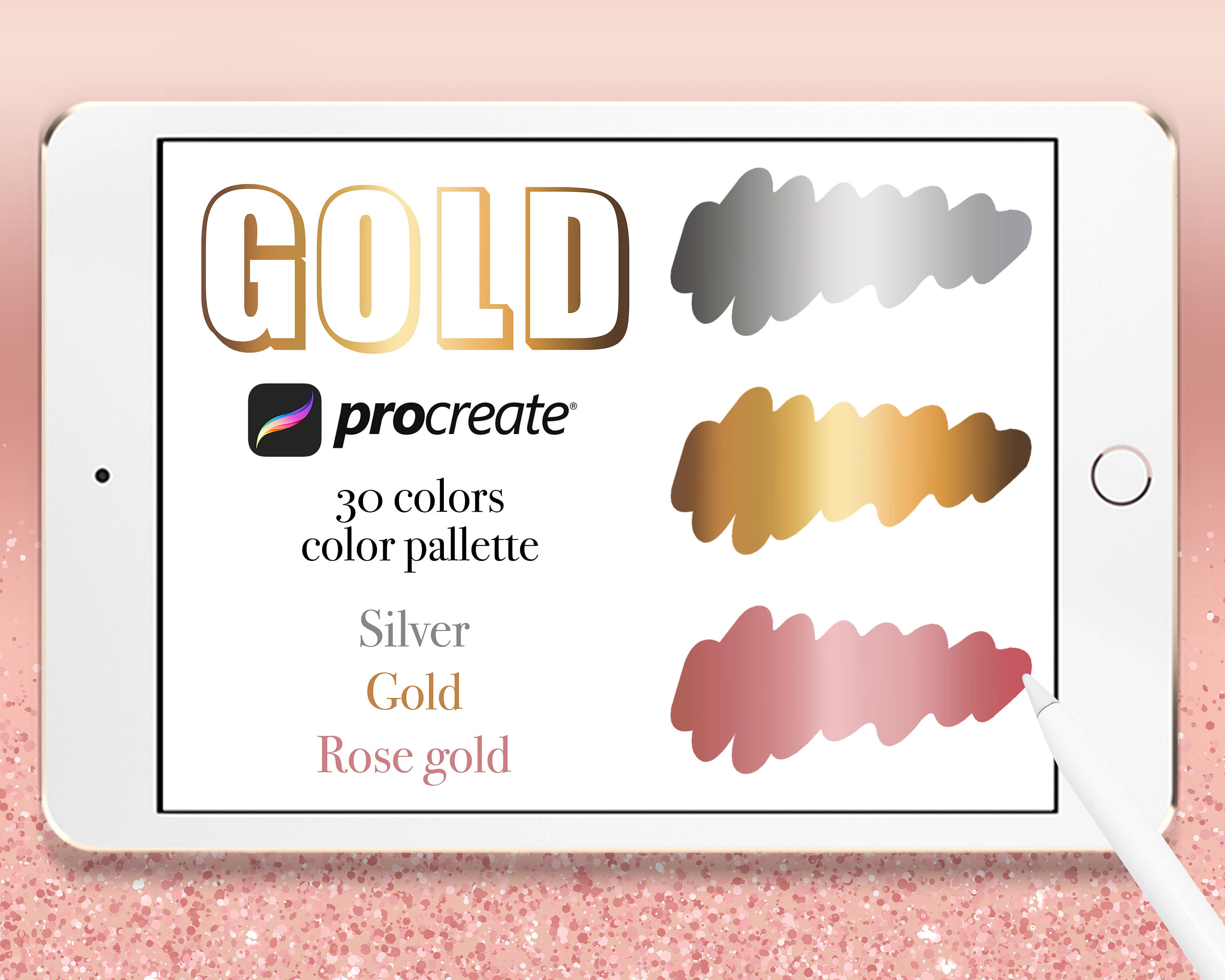 Paleta de colores metálicos para Procreate: Muestras en oro, plata y oro rosa (30 tonos premium)