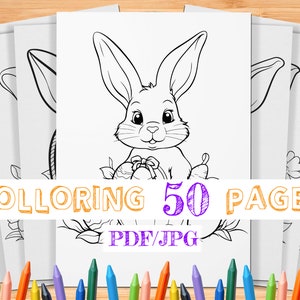 Op de afbeelding: Een set van 50 kleurplaten met een schattig konijn dat een paasei vasthoudt. De pagina's zijn zwart-wit en klaar om in te kleuren. De tekst "COLORING 50 PAGES PDF/JPG" staat onderaan de afbeelding.