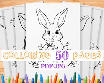 50 pagine da colorare di coniglietti pasquali per bambini/pagine da colorare di Pasqua/pagine da colorare di coniglietti per bambini/libro da colorare/pagine da colorare digitali