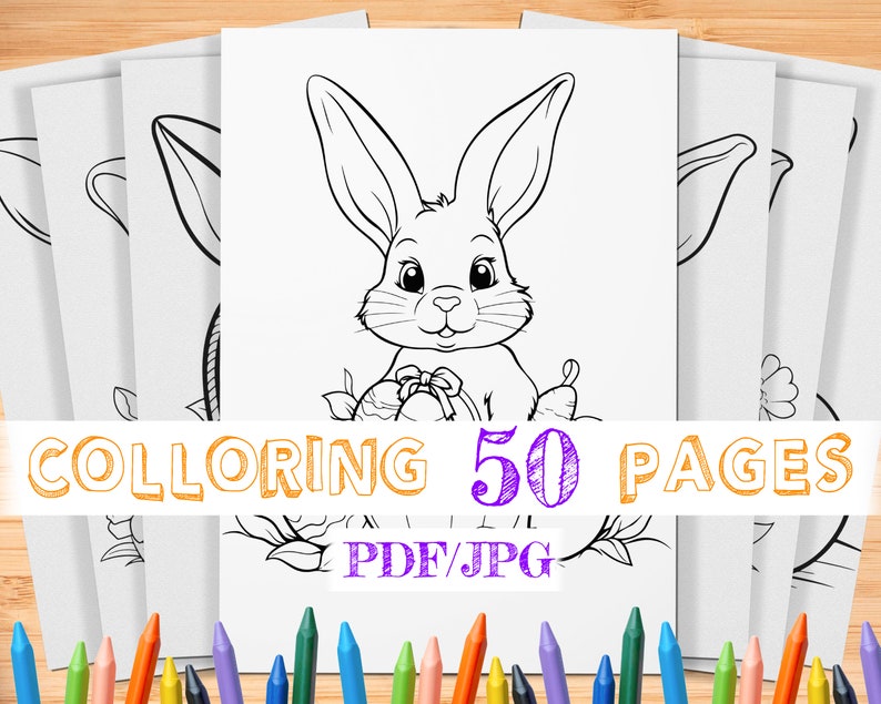 Op de afbeelding: Een set van 50 kleurplaten met een schattig konijn dat een paasei vasthoudt. De pagina's zijn zwart-wit en klaar om in te kleuren. De tekst "COLORING 50 PAGES PDF/JPG" staat onderaan de afbeelding.