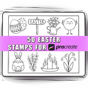 Könnte beinhalten: Ein Set mit 50 Schwarzweiß-Stempeln zum Thema Ostern für Procreate. Die Stempel enthalten Bilder von Eiern, Hasen, Blumen, Kerzen und einem Schild mit der Aufschrift "Easter".