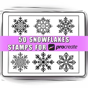 May include: A set of 50 black and white snowflake stamps for Procreate. The stamps are arranged in a grid of six, with each snowflake having a unique design.
