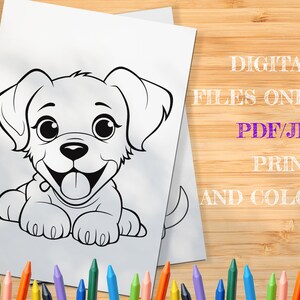 May include: Black and white line art illustration of a cartoon puppy with big eyes and a happy expression. The puppy is sitting with its paws tucked under its body.  The image is suitable for coloring.