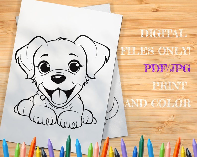 May include: Black and white line art illustration of a cartoon puppy with big eyes and a happy expression. The puppy is sitting with its paws tucked under its body.  The image is suitable for coloring.