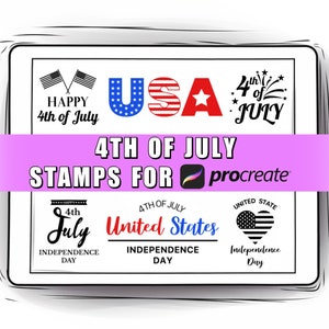 May include: A set of digital stamps for Procreate featuring various designs for the 4th of July holiday. The stamps include text, flags, fireworks, and hearts with stars and stripes.