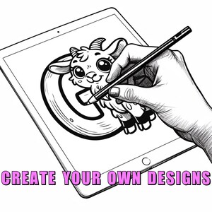May include: A black and white illustration of a goat with large eyes, drawn on a white tablet screen with a stylus. The text "CREATE YOUR OWN DESIGNS" is at the bottom of the screen.