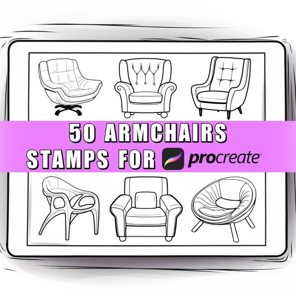 50 Armchairs Procreate Stamps Brushes | Procreate Armchairs | Procreate Furniture | Armchairs Stamps | Interior Design Procreate | Furniture