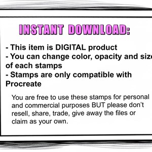 May include: A digital tablet screen displaying information about a digital product. The text on the screen reads "INSTANT DOWNLOAD:" followed by a list of details about the product. The product is a digital stamp set for use in the Procreate app. The text also includes information about the product's use and restrictions.