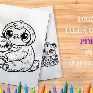 May include: Black and white line art coloring page featuring a mother sloth holding her baby sloth. The mother sloth is sitting upright with her arms wrapped around her baby. The baby sloth is looking up at the mother.