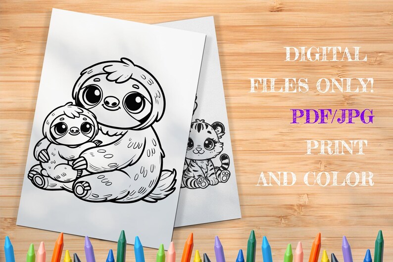May include: Black and white line art coloring page featuring a mother sloth holding her baby sloth. The mother sloth is sitting upright with her arms wrapped around her baby. The baby sloth is looking up at the mother.
