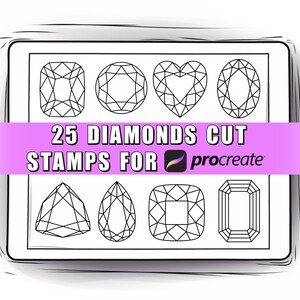 May include: A black and white illustration of 25 different diamond cuts. The image is labeled "25 DIAMONDS CUT STAMPS FOR procreate".