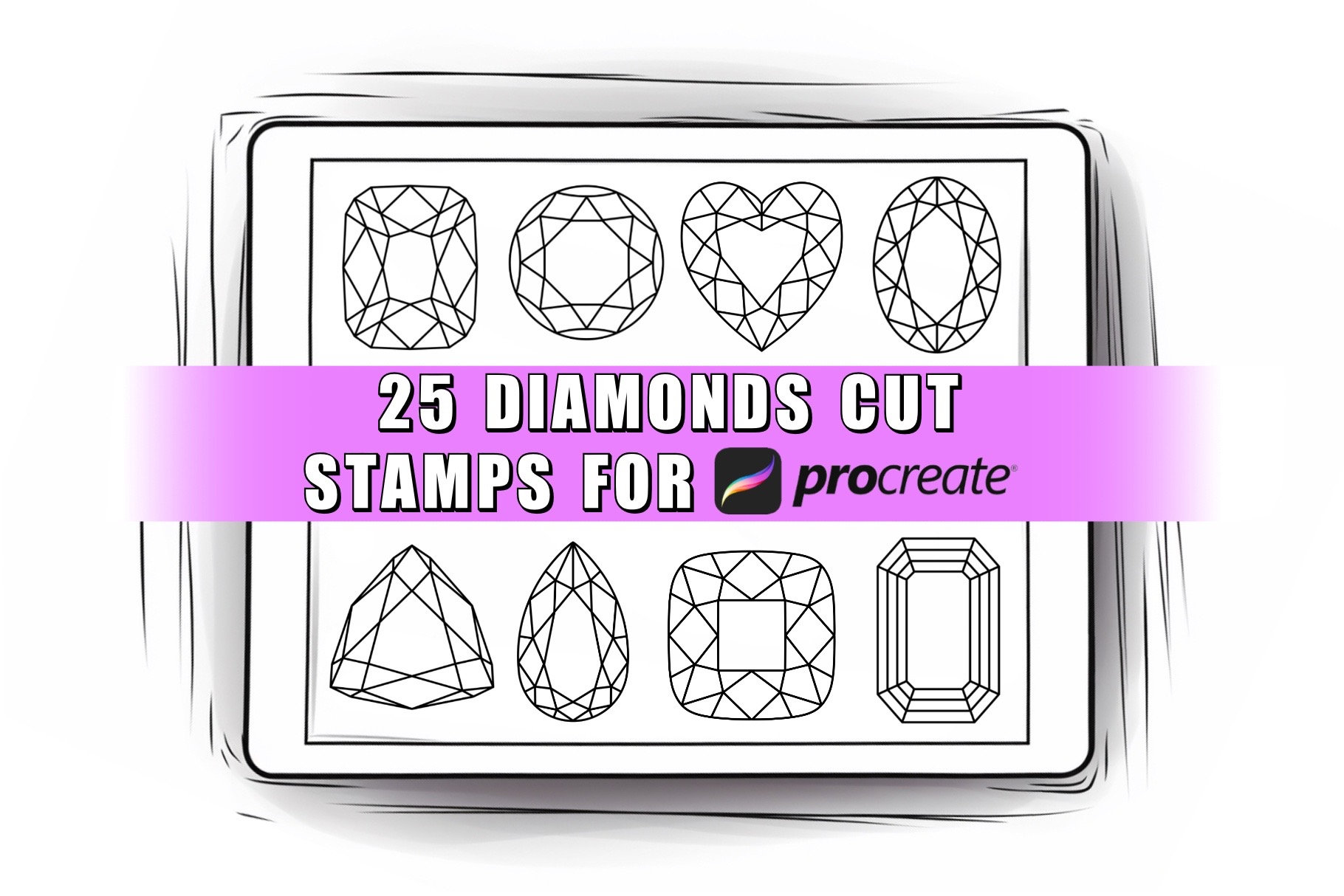 25 sellos de Procreate corte diamante – Pinceles de gemas, cristales y joyería para iPad