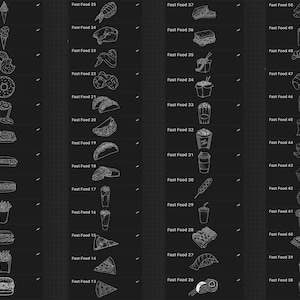May include: A black and white line drawing illustration of 50 different fast food items. The items are arranged in a grid pattern and labelled with the text "Fast Food" and a number from 1 to 50.