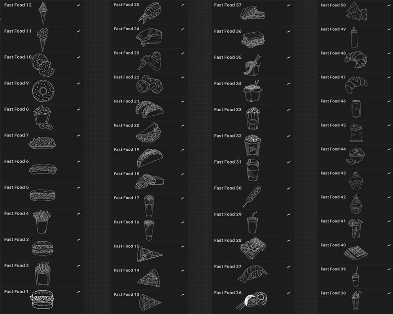 May include: A black and white line drawing illustration of 50 different fast food items. The items are arranged in a grid pattern and labelled with the text "Fast Food" and a number from 1 to 50.