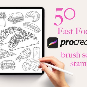 May include: A digital tablet screen displaying 50 black and white line drawings of fast food items, including tacos, pizza, fries, burgers, and more. The text "50 Fast Food procreate brush set/stamps" is displayed on the screen.