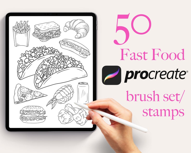 May include: A digital tablet screen displaying 50 black and white line drawings of fast food items, including tacos, pizza, fries, burgers, and more. The text "50 Fast Food procreate brush set/stamps" is displayed on the screen.