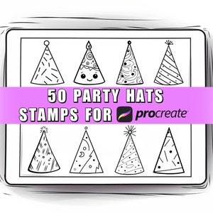May include: A black and white illustration of 50 party hats. The hats are cone-shaped with various designs, including stripes, dots, and patterns. The text "50 PARTY HATS STAMPS FOR Procreate" is displayed on a pink banner.