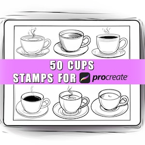 May include: A digital illustration of 50 different coffee cup designs for Procreate. The cups are drawn in black and white and are in various styles, including mugs, teacups, and espresso cups.