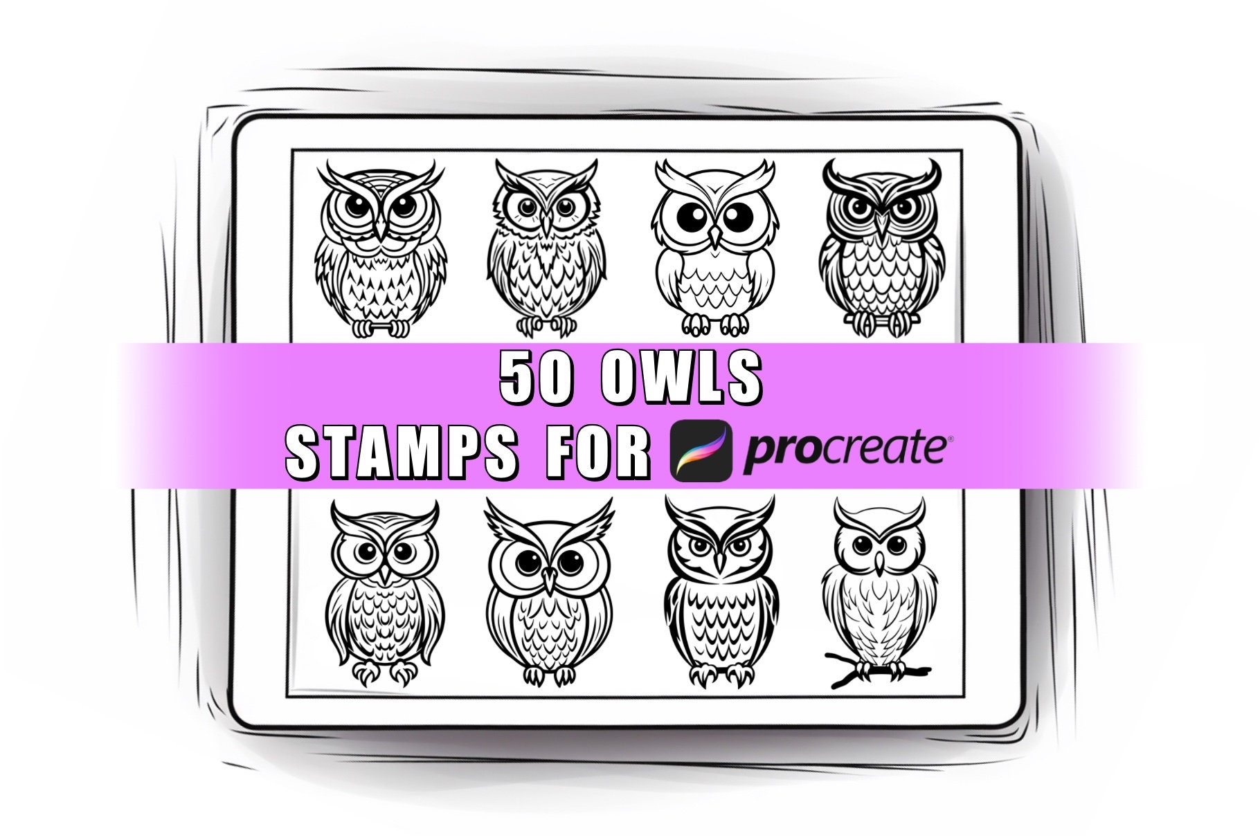 Set de 50 sellos y pinceles Procreate de búhos – Pack de sellos de aves para iPad