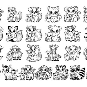 May include: A set of 36 black and white illustrations of various animals with their babies. The animals include a koala, a pony, a dog, a cat, a mouse, a snail, a squirrel, a fox, a bear, a giraffe, a cow, a pig, a sheep, a kangaroo, an elephant, a rabbit, a llama, a donkey, a goat, a monkey, a tiger, a raccoon, and a sloth.