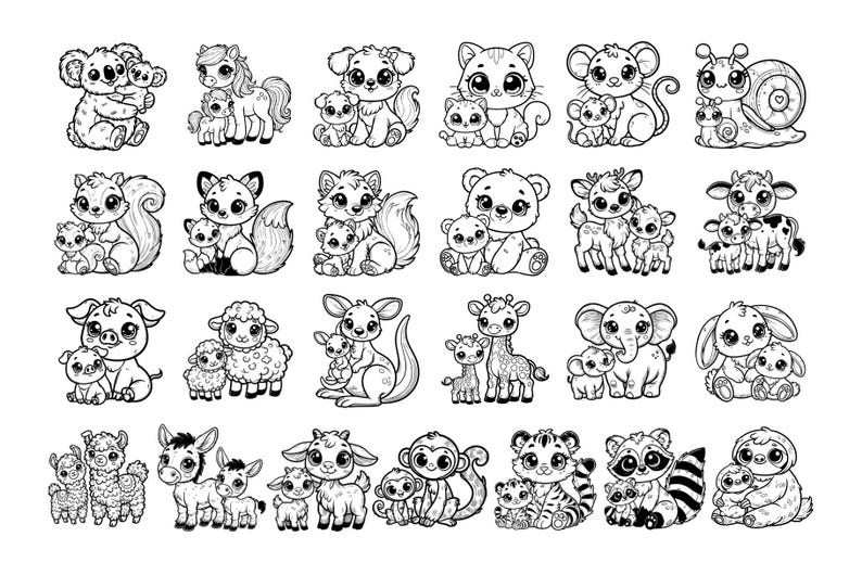 May include: A set of 36 black and white illustrations of various animals with their babies. The animals include a koala, a pony, a dog, a cat, a mouse, a snail, a squirrel, a fox, a bear, a giraffe, a cow, a pig, a sheep, a kangaroo, an elephant, a rabbit, a llama, a donkey, a goat, a monkey, a tiger, a raccoon, and a sloth.
