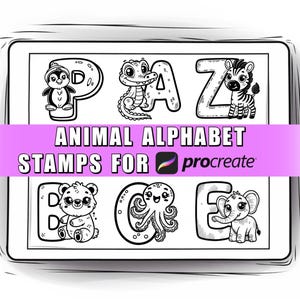 May include: Black and white illustrations of animal alphabet letters for Procreate. The letters P, A, Z, B, C, and E are shown with a penguin, alligator, zebra, bear, octopus, and elephant.
