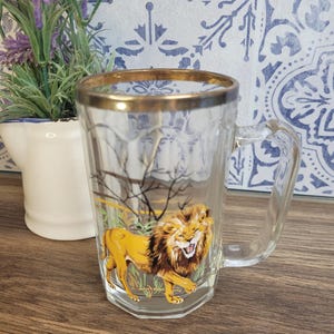 Vintage Lion Themed Beer Mug, Glass Barware, Lion Theme Gift, Vintage Drinks Glass