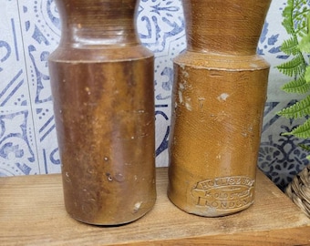 Pair of Antique Brown Salt Glazed Stoneware Vase Pots Stamped