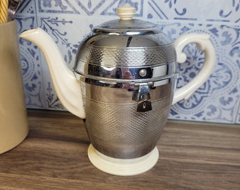Vintage Art-Deco-Stil Teekanne Kaffeekanne Heatmaster Retro Keramik und Chrom Teekanne, Kaffeekanne