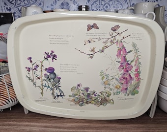 Prachtig metalen dienblad met landelijk decor vintage, vintage dienblad, dienblad met bloemen jaren 70